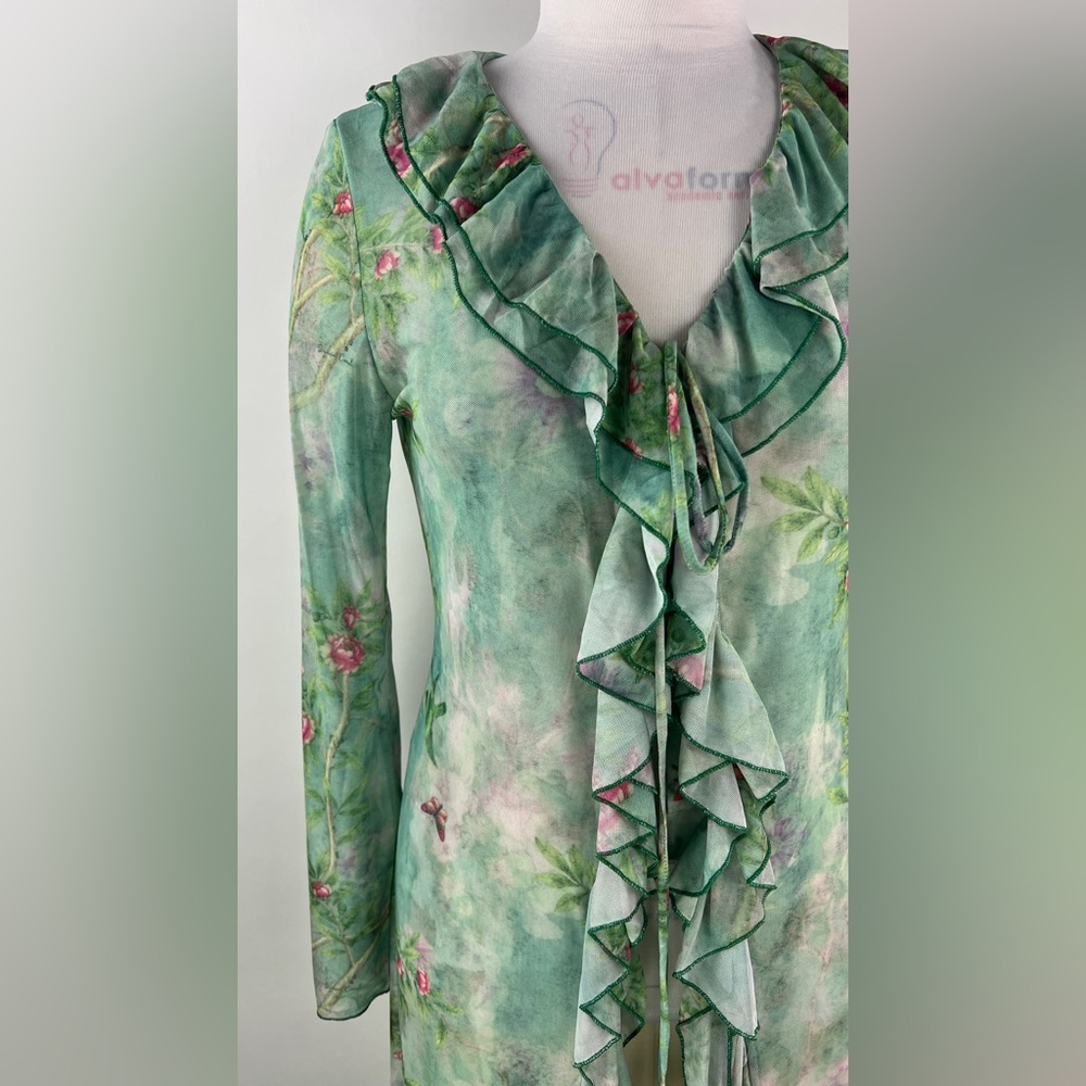 451B-GREEN. Floral Long Mesh Ruffled Cardigan - Picture 7 of 11